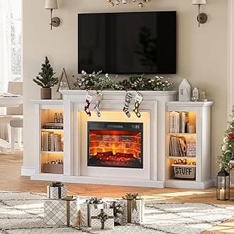 72" LED Electric Fireplace with Mantel, Fireplace TV Stand for 80 Inch TV, Entertainment Center w/23'' Red Brick Fireplace, Delicate Three-Dimensional Molding Stand w/Storage for Living Room