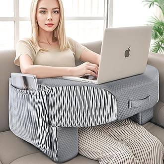 LEBENGURU Reading Pillow for Laptop, Extra Large Armrest Gaming Pillow for Working, Hight Adjustable Lap Desk Pillow for Adult Sitting in Bed, Floor, Sofa（Stripe and Grey）