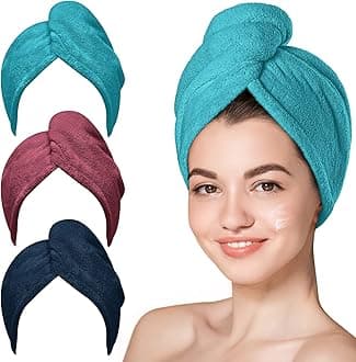 Hicober Microfiber Hair Towel, Hair Turbans for Wet Hair, Drying Hair Wrap Towels for Curly Hair Women Anti Frizz, 3 Packs (Plum,Navy,Aqua Green)