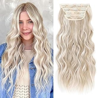 ALXNAN Clip in Long Wavy Synthetic Hair Extension 20 Inch Ash Blonde Mix Highlights 4PCS Thick Hairpieces Fiber Double Weft Hair for Women