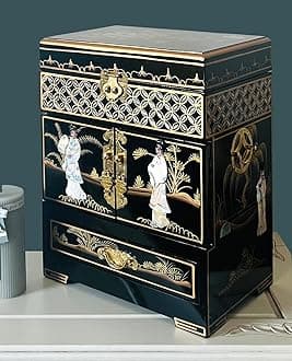 Oriental Chinese Jewellery Box, Hand Painted Jewellery Chest Case with Mother Of Pearl, Asian Furniture & Giftware