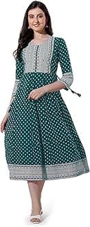 MIRCHI FASHION Women's Cotton Relaxed Fit A Line Sequins Embroidery Work Foil Printed A-Line Kurti Only