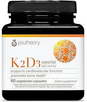 Youtheory K2D3 - Bone & Heart Health Support - Combines Vitamin D3 & Vitamin K2 - Dairy, Soy & Gluten Free - 60 Vegetarian Capsules