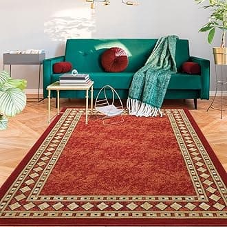 Antep Rugs Alfombras Modern Bordered 8x10 Non-Skid (Non-Slip) Low Profile Pile Rubber Backing Indoor Area Rugs (Maroon Beige, 7'10" x 10')