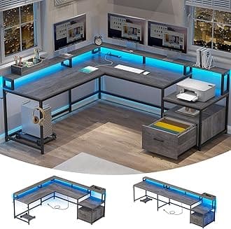 SEDETA L Shaped Desk, 66" Home Office Desk with File Drawer & Power Outlet, Gaming Desk with Led Lights, Corner Computer Desk with Monitor Shelf, Printer Storage Shelves, Two Person Desk, Grey