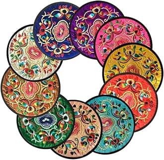 Cuteco Round Coasters for Drinks Placemats Set Chinese Embroidery Large Glass Cup Place Mats Pad Novelty For Tea Coffee (6 pcs)