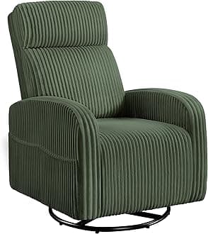 360° Swivel Glider Chair for Nursery, Rocking Chair Nursing Chair with Side Pockets, Corduroy Glider for Living Room with High Back Dark Green