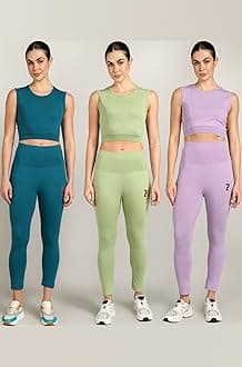 Stretchable Activewear Sleeveless Crop Top with Long Pants with Back Pocket for Workout Top & Bottom Set Gym Yoga Sports Running Track Suits For Girls/Women - Pack of 3