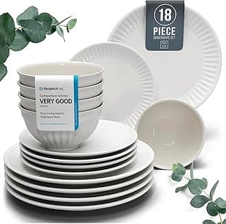 18-Piece Dinnerware Set - Bowl and Plate Set - Stoneware Dining Set for 6 People - Dishwasher and Microwave Safe - Grooved Dining Service in Light Grey