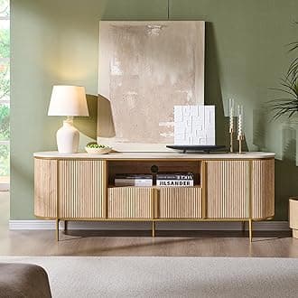 OKD Luxury 70" Fluted TV Stand, Modern Chic Entertainment Center for TVs Up to 80 inches, TV Console with Faux Marble Top, Curved Profile Design, Media Console for Living Room, Natural Oak