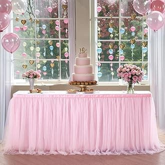 Suppromo 14ft Pink Table Skirt Tulle Tutu Tablecloth for Rectangle or Round Table For Birthday Party Baby Shower Wedding Decorations (L14(ft) H 30in, Pink)
