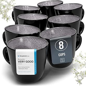 Stoneware coffee mugs set 8 pcs – 14.5 oz dark gray ceramic cups – Dishwasher and microwave safe – Modern stylish coffee cup set – Dinner service