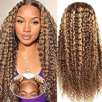 Ombre Highlight Wear and Go Glueless Wigs Human Hair Pre Plucked Pre Cut Deep Wave Lace Front Wigs Human Hair 4x4 Lace Closure Wig for Black Women 180% Density Curly Wig 28 Inch