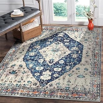 Lahome Felice Boho Tribal Square 4x4 Area Rug, Blue Washable Bathroom Rugs Soft Kitchen Rugs, Oriental Non Slip Non-Shedding Indoor Throw Floor Carpets for Bedroom Entryway Home Decor