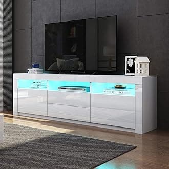 UNDRANDED LED TV Cabinet Modern 160cm 2 Doors 2 Drawers TV Stand Unit Cabinet Matt Body High Gloss Doors with 16 Colors FREE LED LIGHT TV Wooden Units Sideboard for Living Room(White)