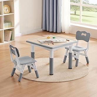 GITAWUSA Kids Study Table and Chairs Set, Height Adjustable Toddler Table and Chair Set for Kids Ages 3-8, 23.6" L x 23.6" W Graffiti Desktop Plastic Children Art Table with 2 Seats, W-Grey