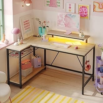Bestier L-Shaped Desk, Computer Desk, L-Shaped, Width 48.0 inches (122 cm), Outlet Included, Gaming Desk, Desk, PC Desk, Storage Rack, Corner Desk, LED Lite, Adjustable Shelf Height, Monitor Stand,
