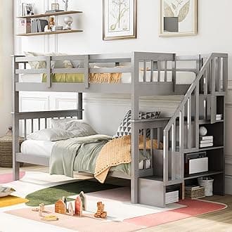 Harper & Bright Designs Low Twin Over Twin Bunk Bed with Stairway, Solid Wood Bunk Bed with Full-Length Fence, Convertable Bunk Beds for Kids, Teens, Adults, Gray
