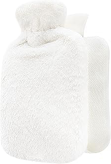 Qomfor Hot Water Bottle with Cover UK – Soft Faux Fur, 1.8L Hot Water Bottle for Period Pain Relief, Back Pain, Shoulder Pain – Luxurious Comfort for Adults (White)