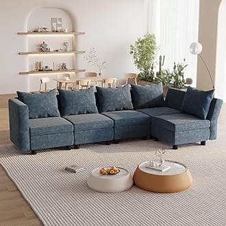 Flamaker Sofa with Storage, Corner Sofa with Upholstered Furniture, Modular Sofa with Angle-Adjustable Armrests and Backrests (5 Seats, Light Blue)