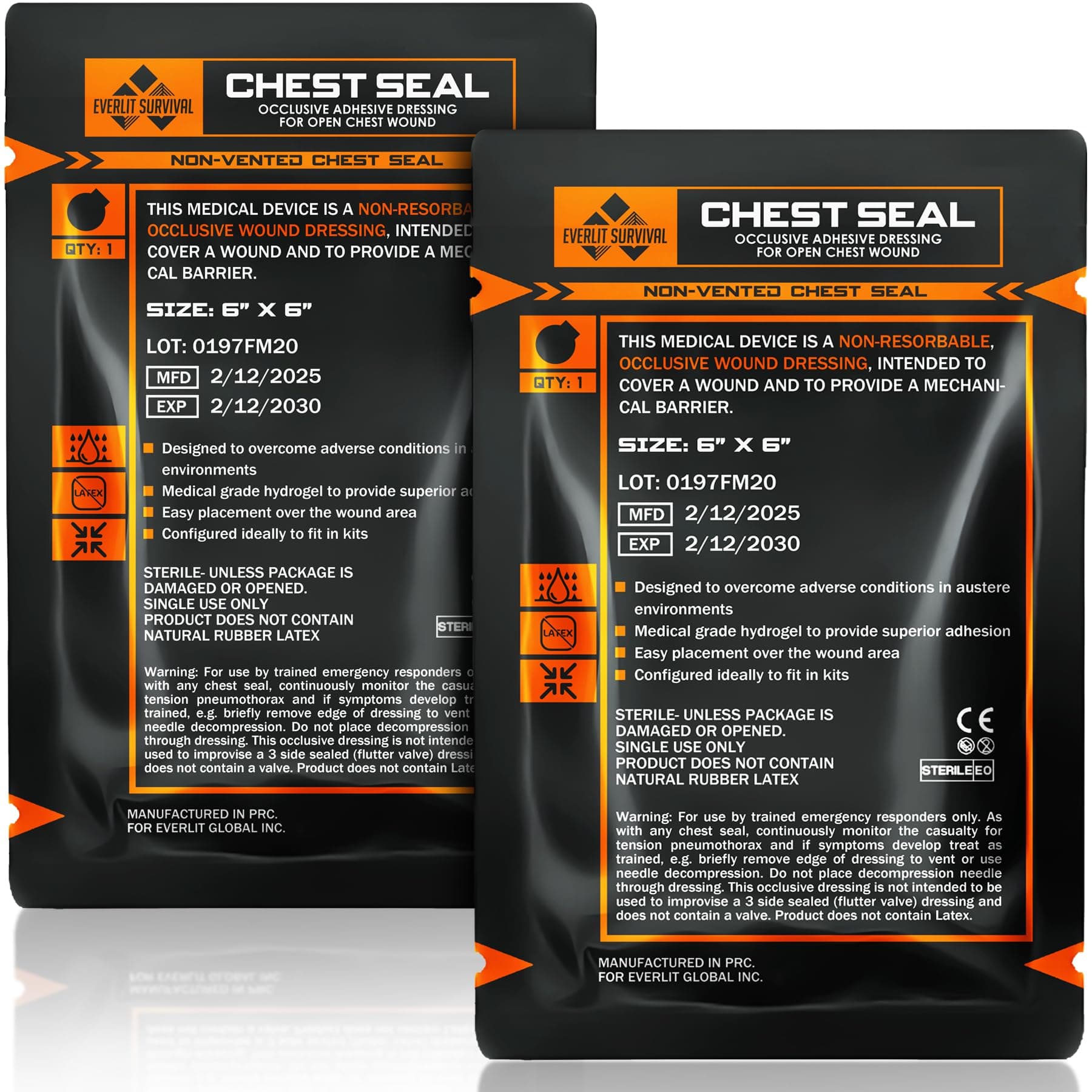 Occlusive Chest Seal Non-Vented Adhesive Dressing for Open Chest Injury and Sucking Chest Wound (2 Count)
