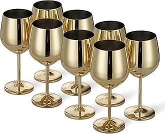 Oak & Steel - 8 Stainless Steel Gold Wine Glasses, 500ml - Shatterproof Party Glass Set with Gift Box