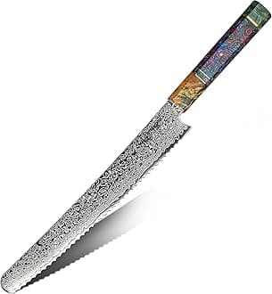 hajegato Damascus Chefs Knife Bread Slicer Unique One of Kind Handle Professional 10 Inch Japanese Chefs Kitchen Knife Vg10 67 Layers Damascus Steel Knive - Part of Chef Knife Set
