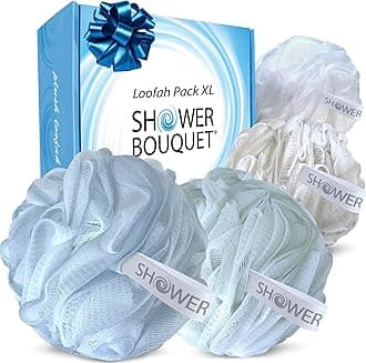 SHOWER BOUQUET Loofah-Bath-Sponge XL Soft-Pastel-Colors 4-Pack // Extra-Large 75g Mesh Luffa Loofa Loufa Puff Pouf Set/Exfoliating Body Scrubber for Women and Men - Exfoliate & Soothe Face & Body