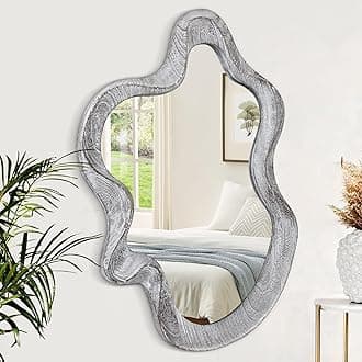 Irregular Wooden Framed Wall Mirror Modern Asymmetrical Rustic Black Cloud Hanging Mirror Artistic Mirror Decor Bathroom Vanity Bedroom Living Room Entryway Hallway Large 55x37cm