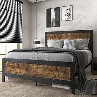 SHA CERLIN Grey Metal Bed Frame Full, Industrial Wooden Platform Base with Rivet Headboard and Footboard, No Box Spring Needed