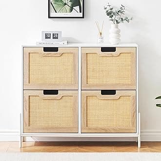 4 Flip Drawers Shoe Storage Cabinet, Rattan Shoe Organizer with Metal Legs, Freestanding Narrow Shoe Rack Cabinet for Entryway, White