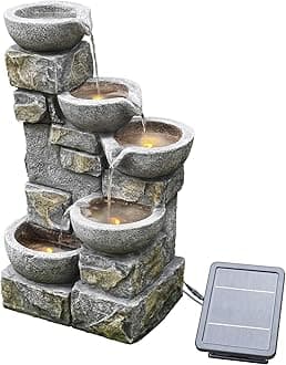 Teamson Home Solar Powered Water Feature, Indoor or Outdoor Garden Water Fountain, Indoor Waterfall with Battery Back Up and LED Lights, 4 Tier