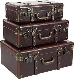 Deco 79Deco 79 56976 Wood And Leather Vintage Suitcase Boxes, Set Of 3, Brown