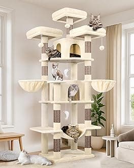 Globlazer Big Cat Tower for Indoor Cats, 80inch Cat Tower for Multiple Adult Cats XXL Cat Tree with Scratching Post, Hammock, 3 Perches, 2 Condos, 2 Hanging Basket, F80, Beige