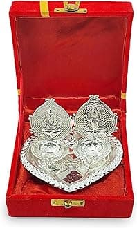 German Silver Diya with Red Velvet Gift Box Ganesh Lakshmi Design Idol Dia Pooja Items Diwali Decoration Puja Gifts Handmade Oil Lamp Traditional Indian Deepawali Gift Items