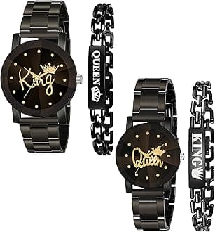 King Queen Analogue Watch and Bracelet Combo for Couple (Black) - Pack of 4