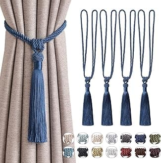 Pretty Jolly 4 Pack Long Tassel Curtain Tiebacks Handmade Braided Rope Knot Drape Tie Backs European Style Decorative Curtain Holdbacks for Home & Office Window Drapery (Marine Blue)