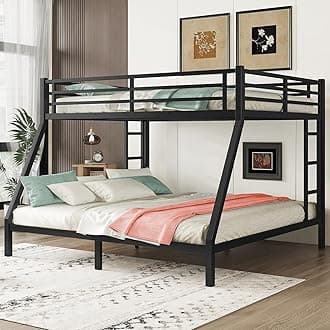 Queen Over King Bunk Bed,Heavy-Duty Metal Bunk Bed Frame for Adults Teen Kids,2 Side Ladder,Guardrail,Space-Saving,Noise Reduced,No Box Spring Needed,Black (Queen Over King)