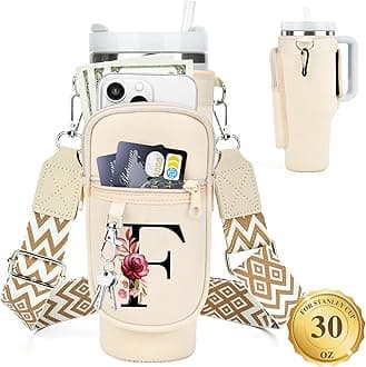LOKASS Water Bottle Holder with Strap for Stanley Cup 30 oz Tumbler with Handle, Personalized Initial Stanley Cup Accessories, Christmas Gifts Water Bottle Carrier Bag for Women Men girls