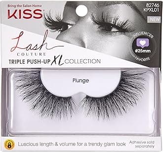 KISS Lash Couture Triple Push Up XL Collection, 3D Volume False Eyelashes in Extra Long Length with Triple Design Technology, Cruelty-Free, Contact Lens Friendly, and Reusable, Style Plunge, 1 Pair