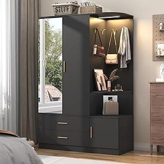 XVD Armoire Wardrobe Closet with Mirror and Sensor Light, Bedroom Armoire with 3 Doors 2 Drawers, Modern Wooden Large Wardrobe Closet with Shelves, 4 Hooks, 2 Hanging Rods, Open Space, Black