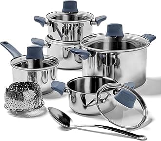 Essentials Stainless Steel Cookware Set 12 Piece, Induction Compatible, Oven Safe 350F, Cooking Set w/Stewpots, Stockpot, Saucepan, Lids & Tools, Measuring Marks, Dishwasher Safe, Silver/Blue