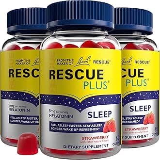 Bach RESCUE PLUS Melatonin Sleep Gummies, Natural Strawberry Flavor, Sleep Aid, Dietary Supplement, Vegan, Gluten-Free, No Artificial Flavors, Colors or Sweeteners, 3 Pack, 180 Count Total