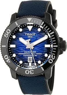 Mens Tissot Seastar 2000 Professional Powermatic 80 316L Stainless Steel case with Black PVD Coating Automatic Watch, Blue/Black, Rubber, 22 (T1206073704100)