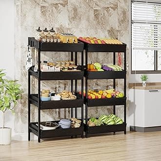 Tribesigns Wood Fruit and Vegetable Basket Stand Rack for Kitchen, Office, Store, Supremarket, Pantry Shelf Unit for Snacks, Cookies, Candies, 4-Tier Wooden Utility Storage Shelves (Black, 2PCS)