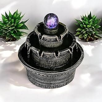Seven Moon Tabletop Water Fountain Desktop Waterfall With Crystal Ball and LED Lights Home Decor Ornaments For Living Room Office With Deep Basin & Natural River Sound Indoor Zen Relaxation (7MWF_13A)