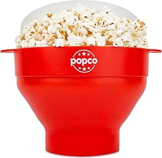 POPCO Microwave Popcorn Bowl - Silicone Snack Popcorn Popper with Handles - Collapsible Design, 2.3" Height When Folded -Dishwasher Safe Bowl for Healthy Treats - Red