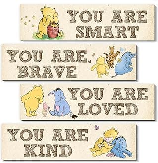 BirtDerr Winnie Room Decor- the Pooh Sign-Wooden Baby Stuff-Vintage Nursery Decor-4PCS Wall Decor Wall Art(Classic)-You Are Kind Brave
