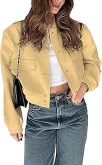 MegfieWomens Cropped Bomber Jacket Button Down Varsity Jackets Shackets with Pockets