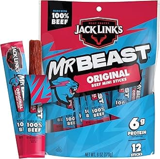 Jack Link’s x MrBeast Beef Sticks, Original Mini Beef Sticks, As Seen on Beast Games, 5g Protein, Made with 100% Real Beef, Pantry-Ready Snacks, 12 Count